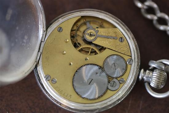 An Edwardian silver pocket watch, retailed by Yabsley, London, on a silver albert and two other pocket watches